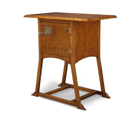 An Arts & Crafts oak and inlaid free-standing 'Tea-room' table  c.1900 Having a rectangular top with raised lip (without tray