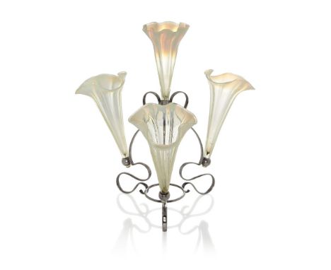 An Art Nouveau electroplated and glass trumpet epergne c.1910, partial stamped marks possibly S.T & Co, EPNSThe scrolling tri