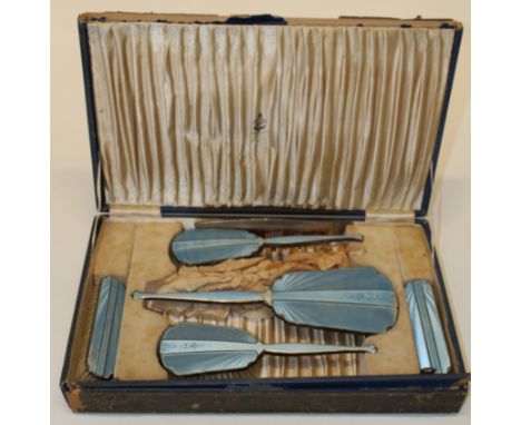 cased vanity set, sterling silver mounted with blue guilloche enamel, at fault, six piece&nbsp;