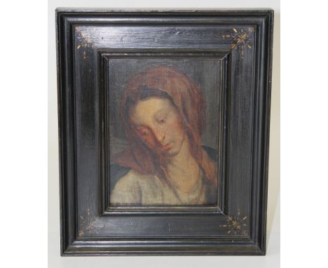 18th century Continental School. Portrait of a woman, bust length wearing a head scarf. Oil on panel, indistinct paper label 