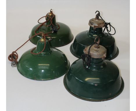 Two pairs of mid 20th century green enamel ceiling lights. 35.5 and 37cm diameter