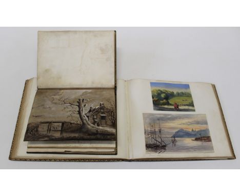 Mid 19th century British School A tooled leather folio of a quantity of watercolours of various locations in the British Isle
