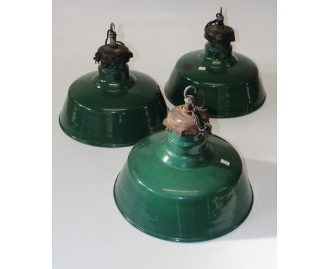 Three pairs of mid 20th century green enamel ceiling lights each with simplex fitting. 42cm diameter