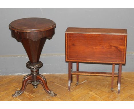 A Victorian rosewood worktable having a circular rising top raised on tripod supports, diameter 45cm, an Edwardian Sutherland