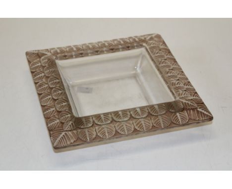 A Lalique sepia and clear Charme pattern square dish. R. Lalique etched upper case mark. 14.5 x 14.5cm