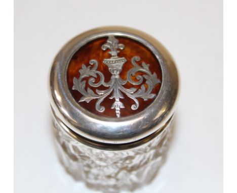An Edwardian cut glass trinket box with sterling silver silver lid and faux tortoiseshell lid. 4.5 x 3.5cm