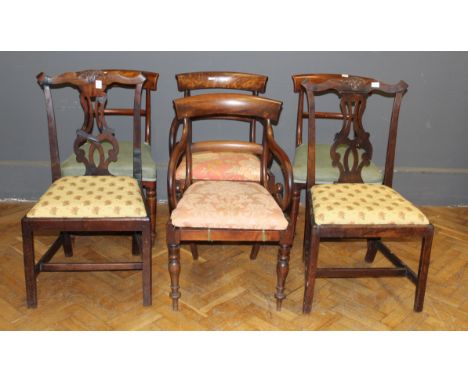 Four George IV mahogany dining chairs having curved crested rails and overstuffed seats and two George III Chippendale style 