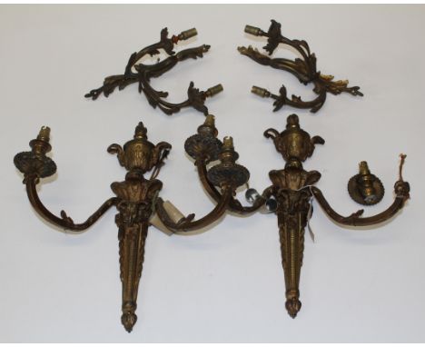 A pair of Louis XVI style gilt base light wall appliques of typical form, damages, height 44cm and another smaller pair in Lo