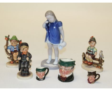 A Copenhagen B and G figure, ' Crying over spilt milk' 18cm, three Hummel figures and three Doulton character jugs