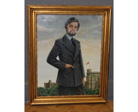 Ronnie Lester ( 20th century) Portrait of Arthur Spencer- Bolland Esq. Three quarter length, dressed in a pin striped suit be