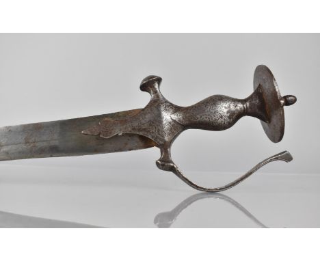 A 19th Century Indian Talwar with Engraved Handle, Disc Pommel and Canvas Covered Wooden Scabbard 