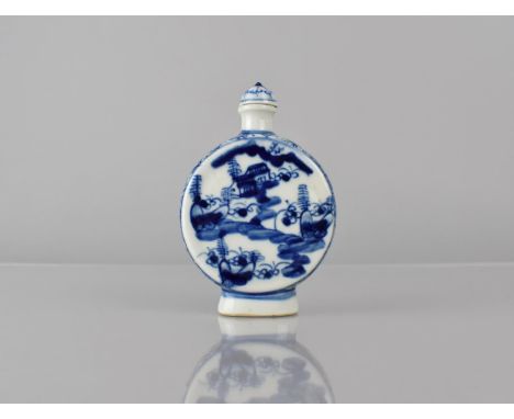 A Chinese Blue and White Snuff Bottle of Moon Flask Form Decorated with Village Scene, Leaf Mark to Base, 10cm high 