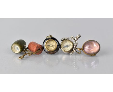 A Collection of Five Various 19th Century Pendants and Fobs to comprise Amethyst Locket of Oval Form, White Metal Compass Fob