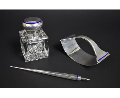 An Austrian Silver and Glass Desk Set with Blue Enamel Decoration comperising Inkwell, Dip Pen and Blotter, Stamped 830 