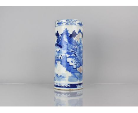 A 19th Century Chinese Porcelain Blue and White Cylindrical 'Hat Stand' or Stick Stand Finely Decorated with River Village Sc