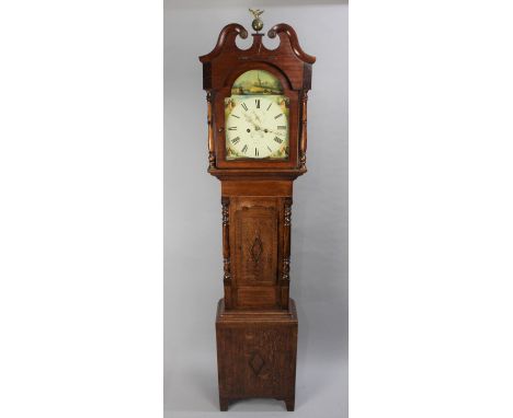 An Oak Cased Longcase Clock the Crossbanded Case with 1/4 Pilasters. Painted Arched Dial for Ganter of Newark. 8 Day Movement