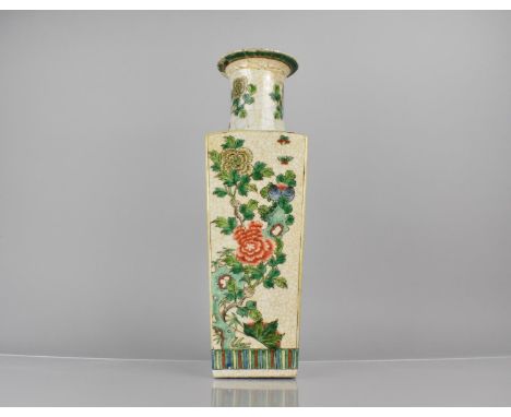 A Chinese Crackle Glazed Vase with Flared Neck Tapering to Shouldered Body of Square Form decorated in the Famille Verte Pale