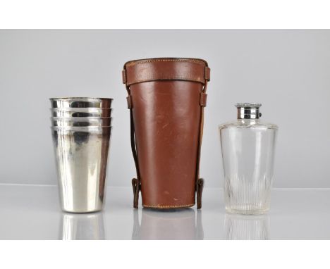 A Good Quality Leather Cased Drinking Set comprising Glass Spirit Flask and Four Regent Plate Beakers by Goldsmiths and Silve