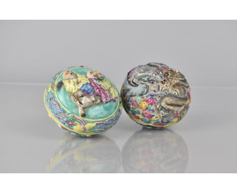 Two 20th Century Chinese Famille Rose Decorated Lidded Pots both Decorated in High Relief, The One Example with Entwined Drag