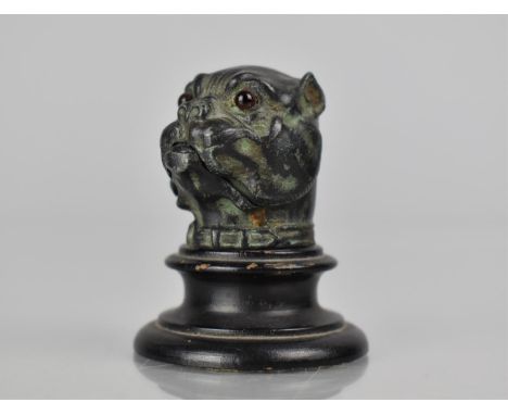 A Victorian Novelty Patinated Metal Thimble Case in the Form of an English Bulldog with Glass Eyes Set on Ebonized Turned Pli