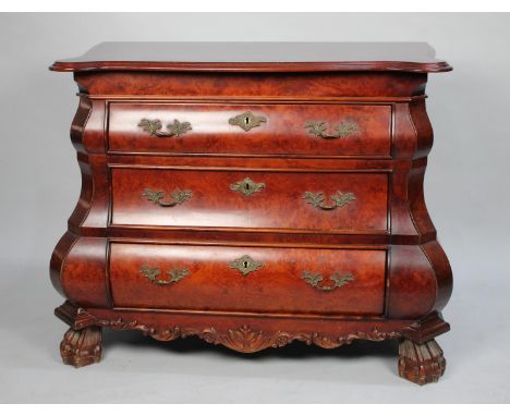 A Reproduction French Three Drawer Bombe Style Commode Chest, Carved Claw Feet 