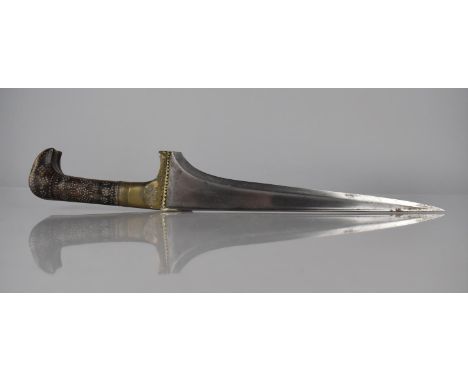 A 19th century Indo Persian Stiletto Blade Dagger with Brass Handle having Inlaid Wooden Scales with Stitched Leather Scabbar