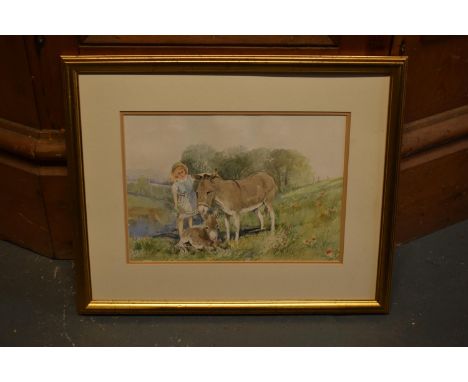 A country scene of a girl with a donkey and a foal signed by J Dennison. There is no glass in the frame. 56 x 46cm inc frame.