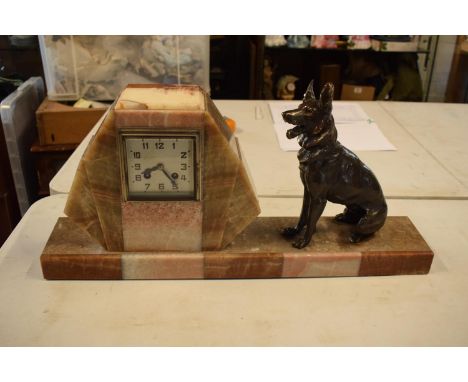 French Art Deco style mantle clock with a spelter model of an Alsatian. In ticking order. Check photos. No postage available.