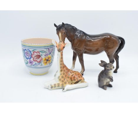 A mixed collection of items to include Beswick brown mare facing left, USSR model of a giraffe, Goebel rabbit 498 and a Poole
