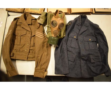 Royal Army Medical Corps 1950s jacket together with 1940s RAF jacket and a cased mid 20th gas mask (3). Some holes in the uni