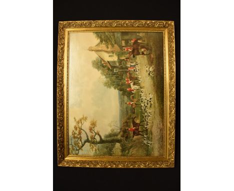 A large quality 20th century print of a hunting scene, unsigned. Some breaks to the frame, though generally good. 94 x 75 inc