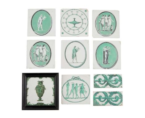  COLLECTION OF NEOCLASSICAL LIVERPOOL DELFTWARE TILES LATE 18TH CENTURY transfer printed by Sadler, the designs washed over i