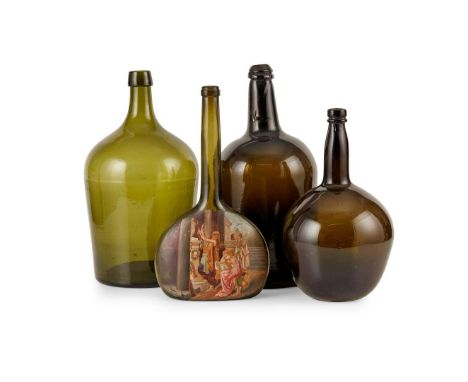  LATE 18TH / EARLY 19TH CENTURY comprising an onion shaped bottle with string rim, 31cm high; a large cylindrical bottle with