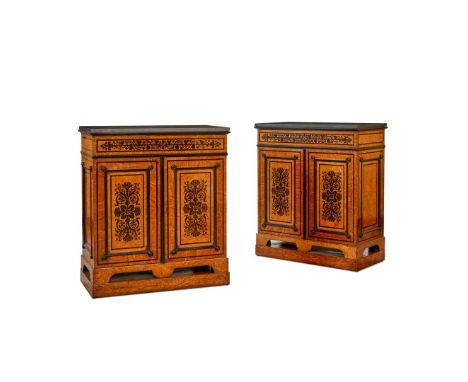  PAIR OF OAK, LARCH, AND EBONY MARQUETRY SLATE-TOPPED CABINETS, ATTRIBUTED TO GEORGE BULLOCK EARLY 19TH CENTURY in the Greek 