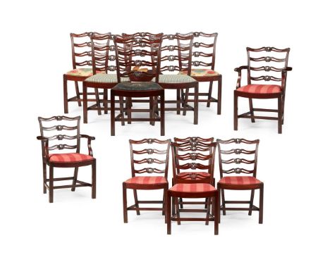  EARLY 20TH CENTURY with pierced and carved palmette ladder backs above stuff-over seats, raised on channel moulded square le