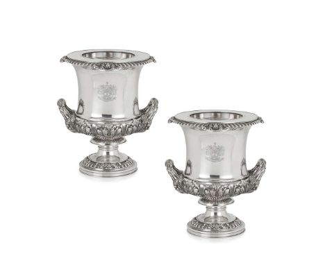  PAIR OF SHEFFIELD PLATE ARMORIAL WINE COOLERS, BY MATTHEW BOULTON EARLY 19TH CENTURY of twin handled campana urn form, the r