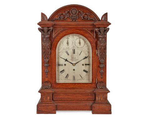  VICTORIAN CARVED OAK QUARTER CHIMING TABLE CLOCK, BY CLERKE, LONDON 19TH CENTURY the silvered arch dial with Roman numerals,