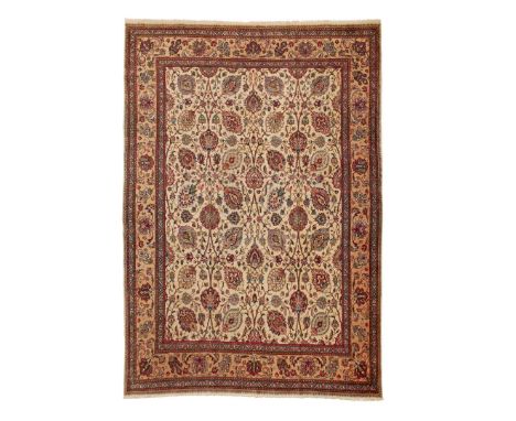  NORTHWEST PERSIA, MID 20TH CENTURY the cream field with allover palmette pattern, within light brown border 400cm x 289cm   