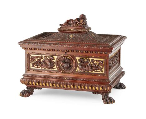  SIENA, CIRCA 1870 in the Renaissance style, the hinged cover with a raised and carved figure of a recumbent Cupid above rich