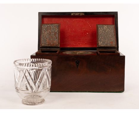 A 19th Century mahogany tea caddy, containing a mixing bowl flanked by two lidded canisters, 30.5cm wide CONDITION REPORT: Co
