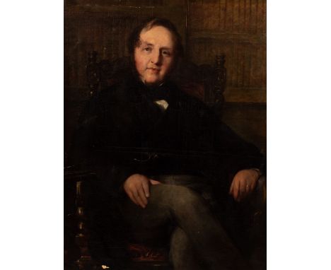 English School, 19th Century/Portrait of a Man/ three-quarter length, wearing a black jacket, grey trousers and seated in a c