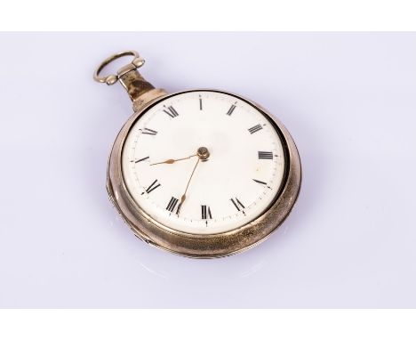 A George III silver pair cased open-faced pocket watch, the white enamel dial with Roman numerals, fitted a fusee movement, t