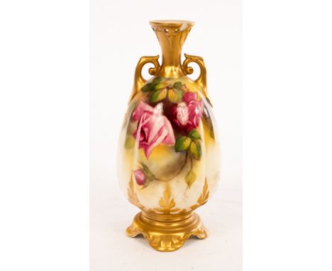 A Royal Worcester twin-handled vase, decorated roses and signed M Hunt (Mildred Hunt), on four feet, 19cm high CONDITION REPO
