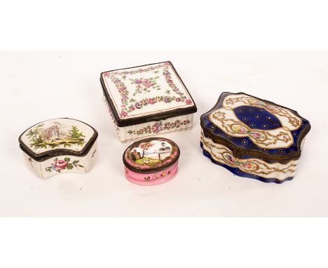 A late 19th Century French porcelain cushion-shape box, painted with shaped panels of gilt and flora on a blue ground, with j
