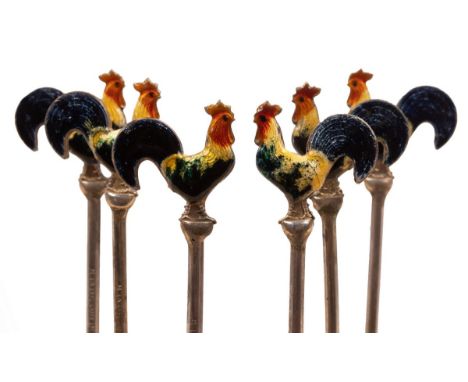 Six sterling silver cocktail sticks with enamel cockerel finials, cased/see illustration CONDITION REPORT: Condition informat