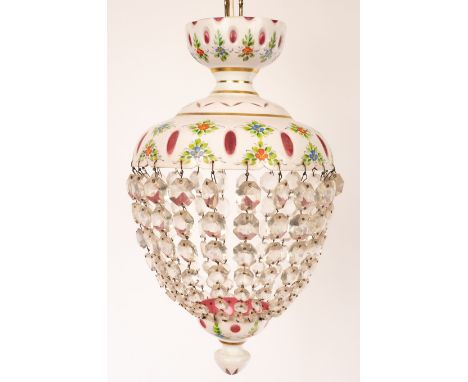 A Bohemian glass pendant light of red and opaque white glass, painted flowers and foliage CONDITION REPORT: Condition informa
