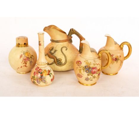 A Royal Worcester blush ivory lizard jug, 15.5cm high, two smaller Worcester blush ivory jugs, a slender vase and a pot pourr