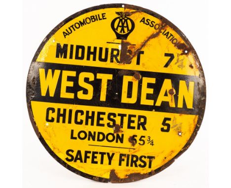 An AA West Dean enamel road sign to include distances for Midhurst, Chichester and London, 76cm diameter/see illustration CON