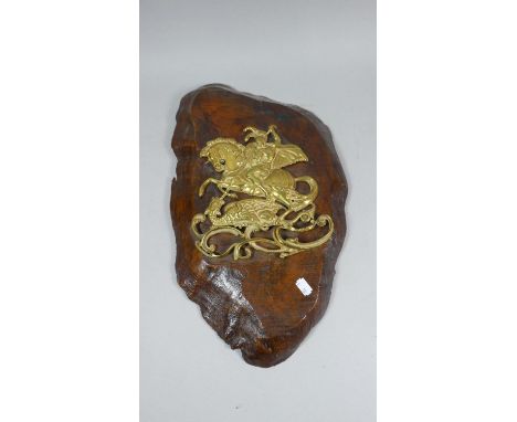 A Sawn Section of Tree Trunk with Brass Mount, George and the Dragon, 50cm High 