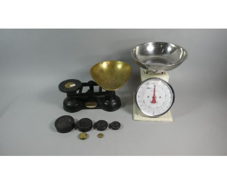 A Pair of Salter Kitchen Scales with Weights Together with a Modern Kitchen Scale 